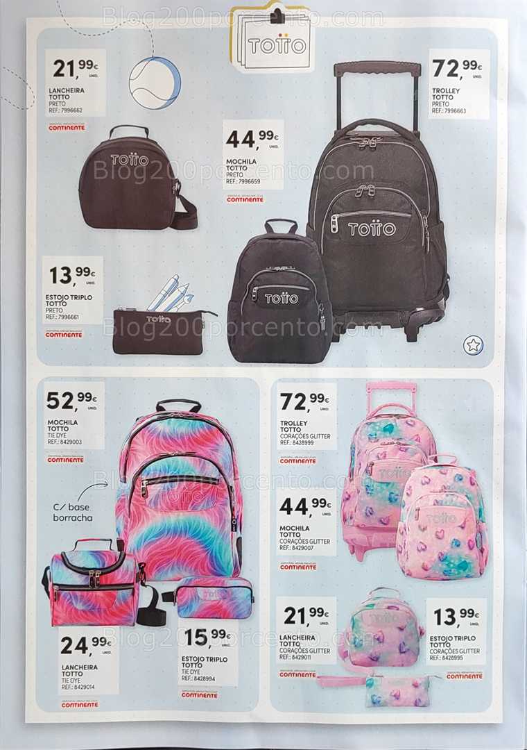 Antevisão Folheto CONTINENTE Regresso às Aulas - 12 agosto a 21 setembro, na página 10, encontra: escola, acessórios, mochilas, lancheiras, estojos