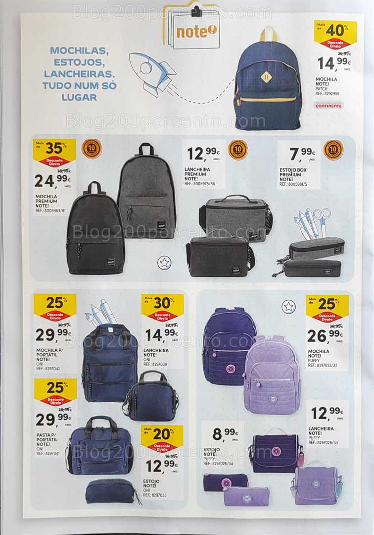 Antevisão Folheto CONTINENTE Regresso às Aulas - 12 agosto a 21 setembro, na página 12, encontra: mochilas, estojos, lancheiras, escola, acessórios