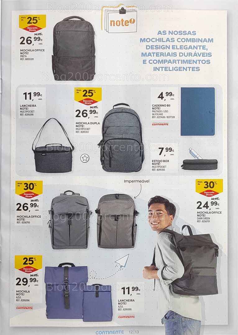 Antevisão Folheto CONTINENTE Regresso às Aulas - 12 agosto a 21 setembro, na página 13, encontra: mochilas, escritório, acessórios, promoções, papelaria