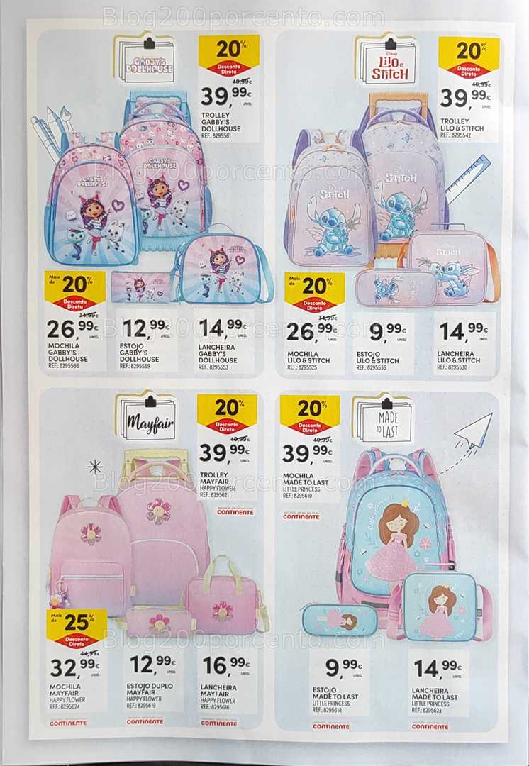 Antevisão Folheto CONTINENTE Regresso às Aulas - 12 agosto a 21 setembro, na página 16, encontra: escolar, mochilas, lancheiras, estojos, promoções