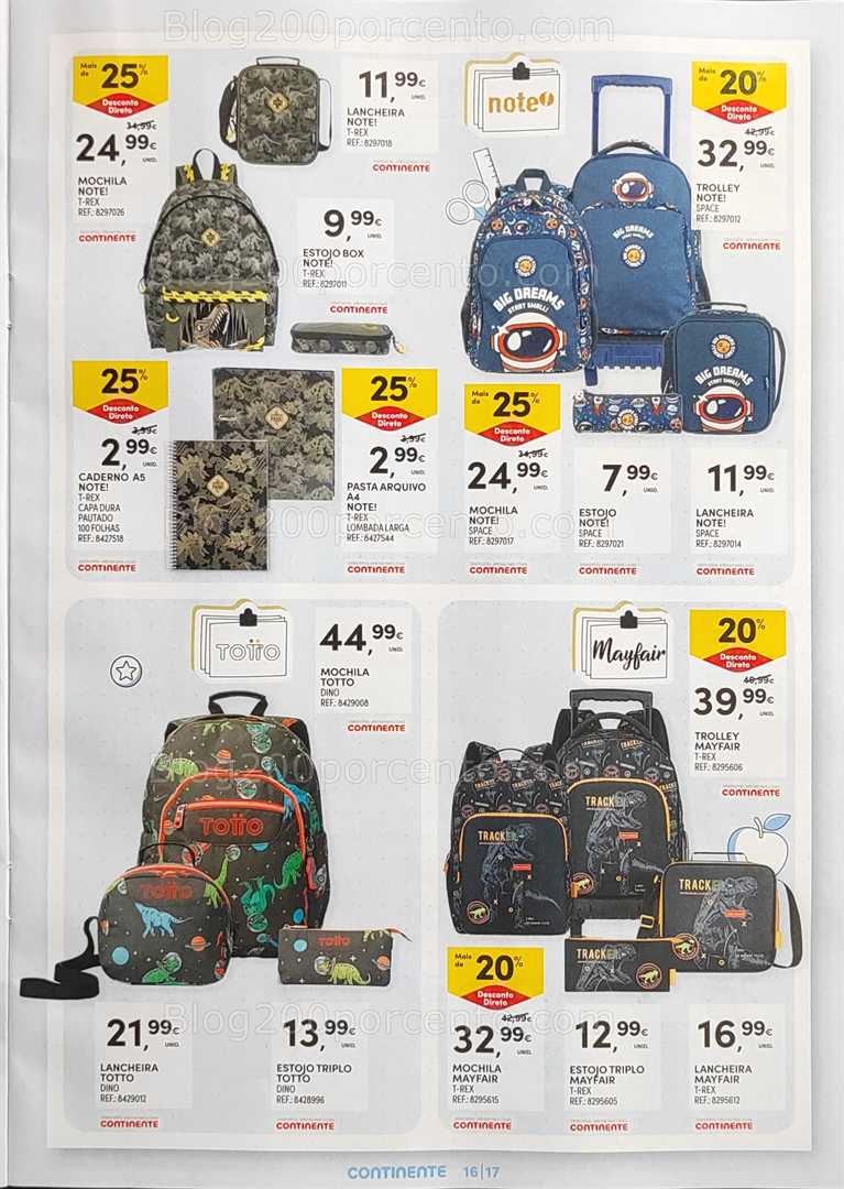 Antevisão Folheto CONTINENTE Regresso às Aulas - 12 agosto a 21 setembro, na página 17, encontra: escolar, acessórios, mochilas, lancheiras, promoções