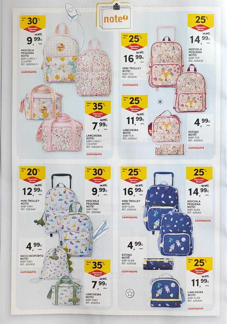 Antevisão Folheto CONTINENTE Regresso às Aulas - 12 agosto a 21 setembro, na página 20, encontra: escolar, acessórios, promoções, infantil, mochilas