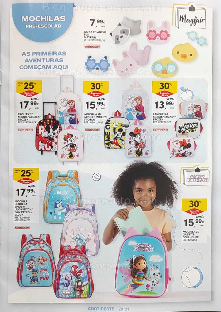 Antevisão Folheto CONTINENTE Regresso às Aulas - 12 agosto a 21 setembro, na página 21, encontra: mochilas, escolar, promoções, infantil, acessórios