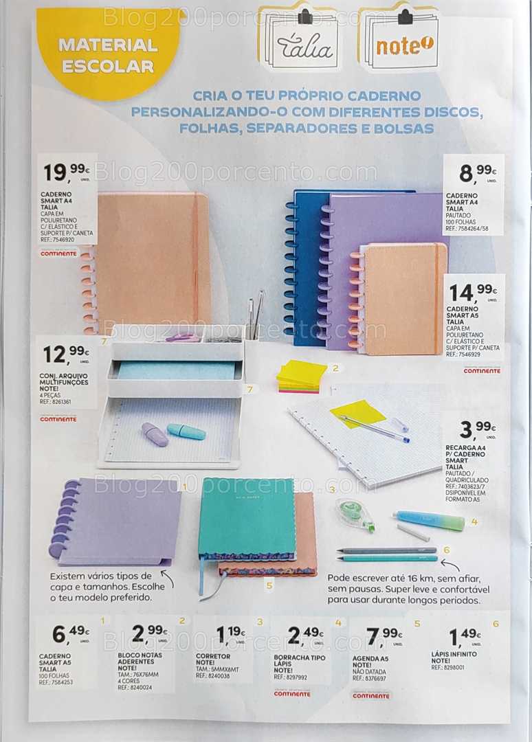 Antevisão Folheto CONTINENTE Regresso às Aulas - 12 agosto a 21 setembro, na página 22, encontra: material escolar, papelaria, escrita, organização, escola