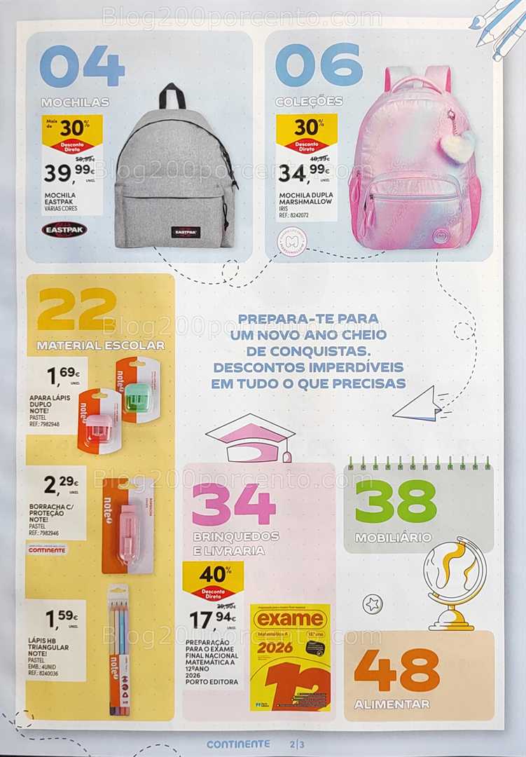 Antevisão Folheto CONTINENTE Regresso às Aulas - 12 agosto a 21 setembro, na página 3, encontra: material escolar, mochilas, livros, brinquedos, mobiliário