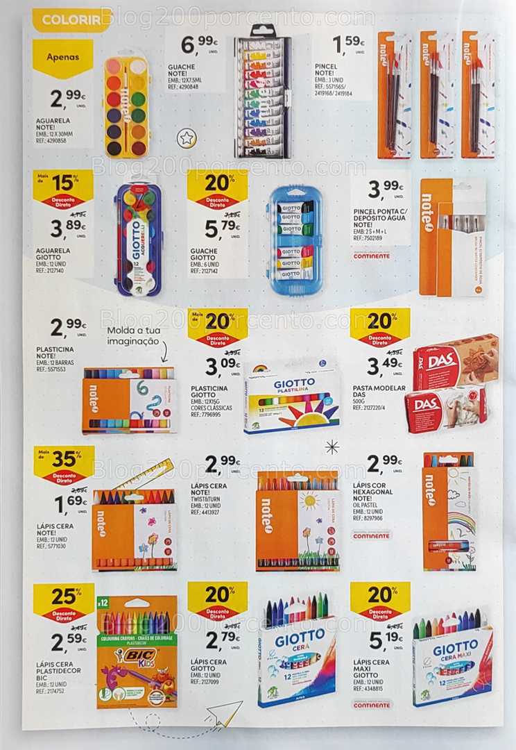 Antevisão Folheto CONTINENTE Regresso às Aulas - 12 agosto a 21 setembro, na página 32, encontra: papelaria, arte, escolar, crianças, promoções