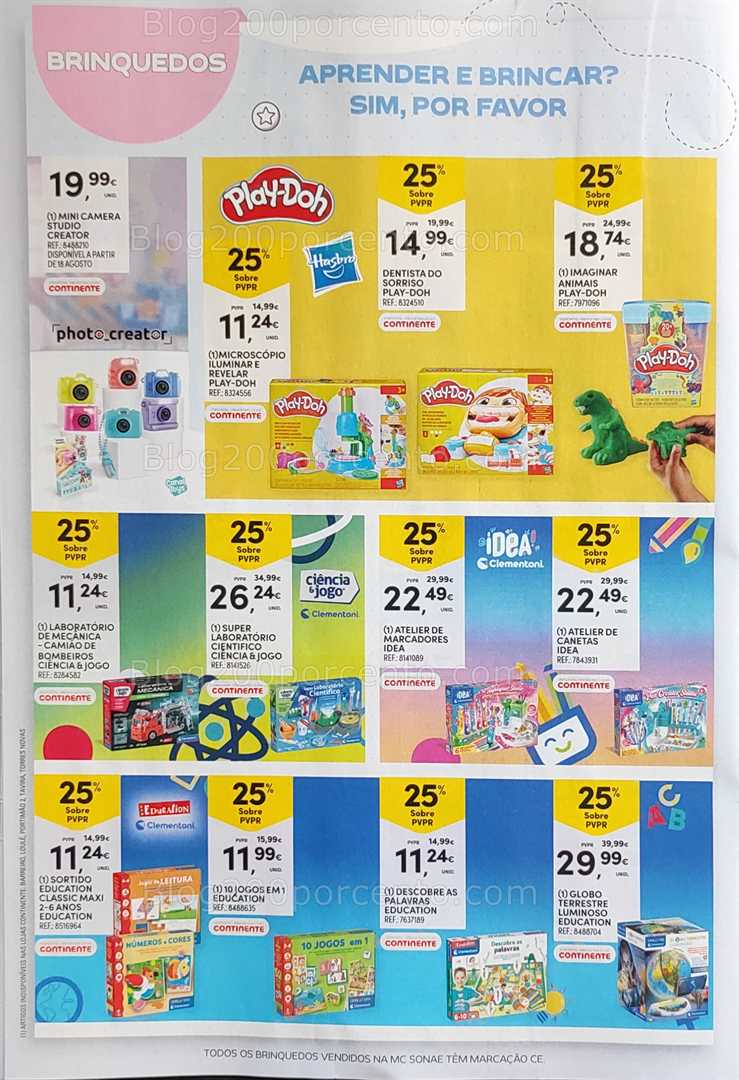 Antevisão Folheto CONTINENTE Regresso às Aulas - 12 agosto a 21 setembro, na página 34, encontra: brinquedos, educação, ciência, jogos, promoções