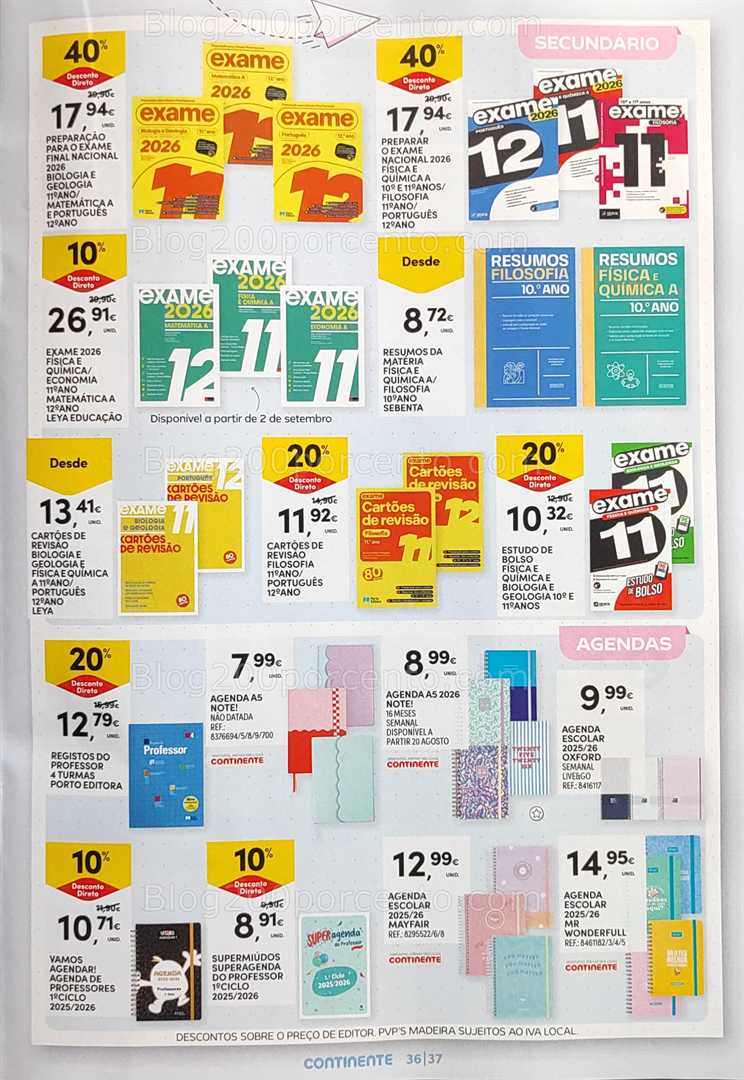 Antevisão Folheto CONTINENTE Regresso às Aulas - 12 agosto a 21 setembro, na página 37, encontra: escolar, papelaria, livros, promoções, agendas