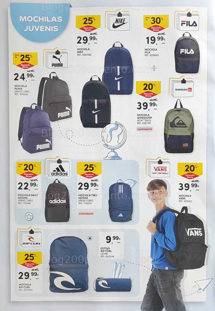 Antevisão Folheto CONTINENTE Regresso às Aulas - 12 agosto a 21 setembro, na página 4, encontra: mochilas, escolar, moda, descontos, acessórios