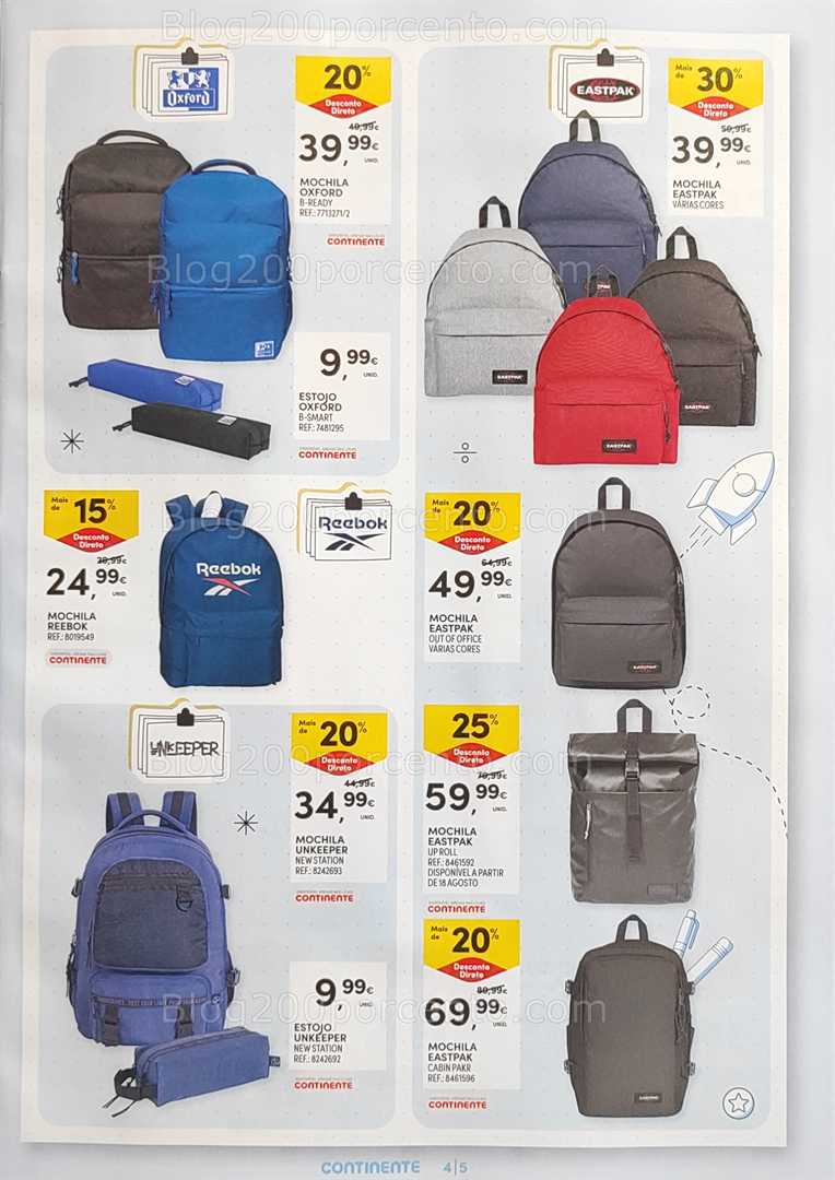 Antevisão Folheto CONTINENTE Regresso às Aulas - 12 agosto a 21 setembro, na página 5, encontra: mochilas, escola, promoções, acessórios, moda
