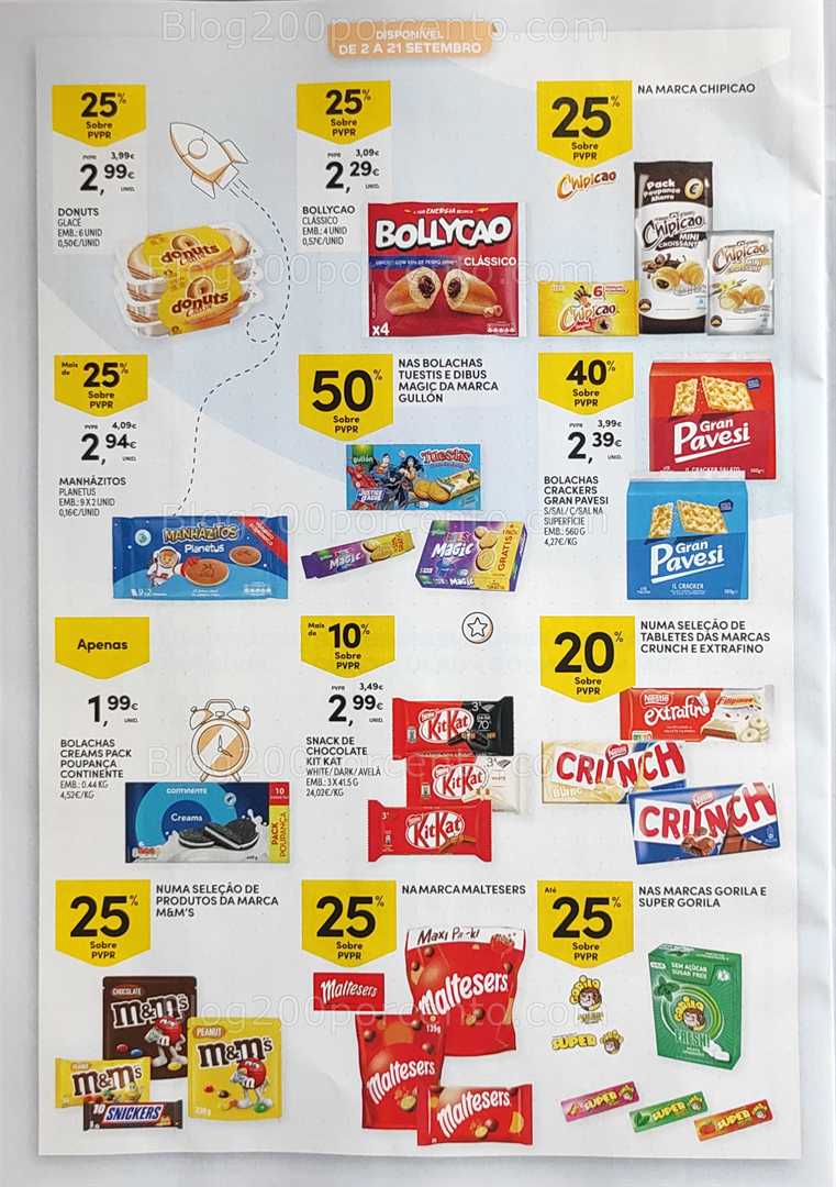 Antevisão Folheto CONTINENTE Regresso às Aulas - 12 agosto a 21 setembro, na página 52, encontra: alimentos, doces, snacks, bolachas, chocolates