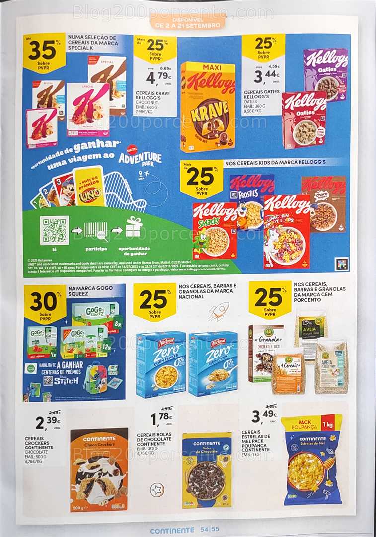Antevisão Folheto CONTINENTE Regresso às Aulas - 12 agosto a 21 setembro, na página 55, encontra: alimentos, promoções, cereais, granolas, snacks