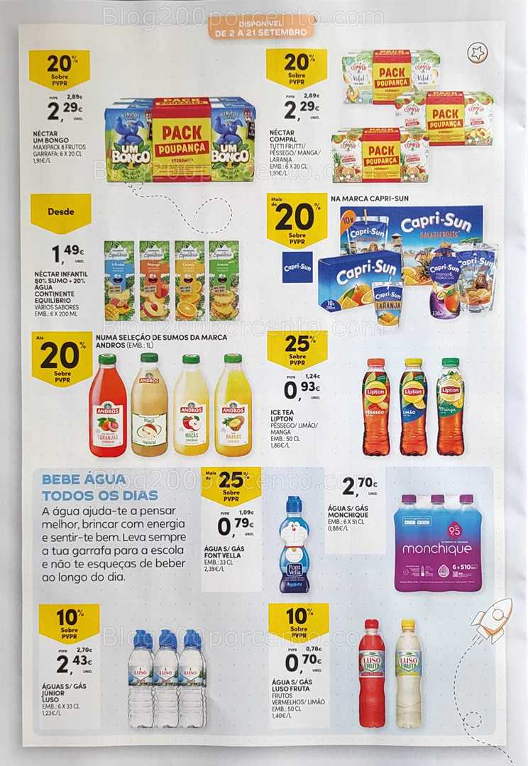 Antevisão Folheto CONTINENTE Regresso às Aulas - 12 agosto a 21 setembro, na página 56, encontra: bebidas, alimentos, promoções, sumos, águas