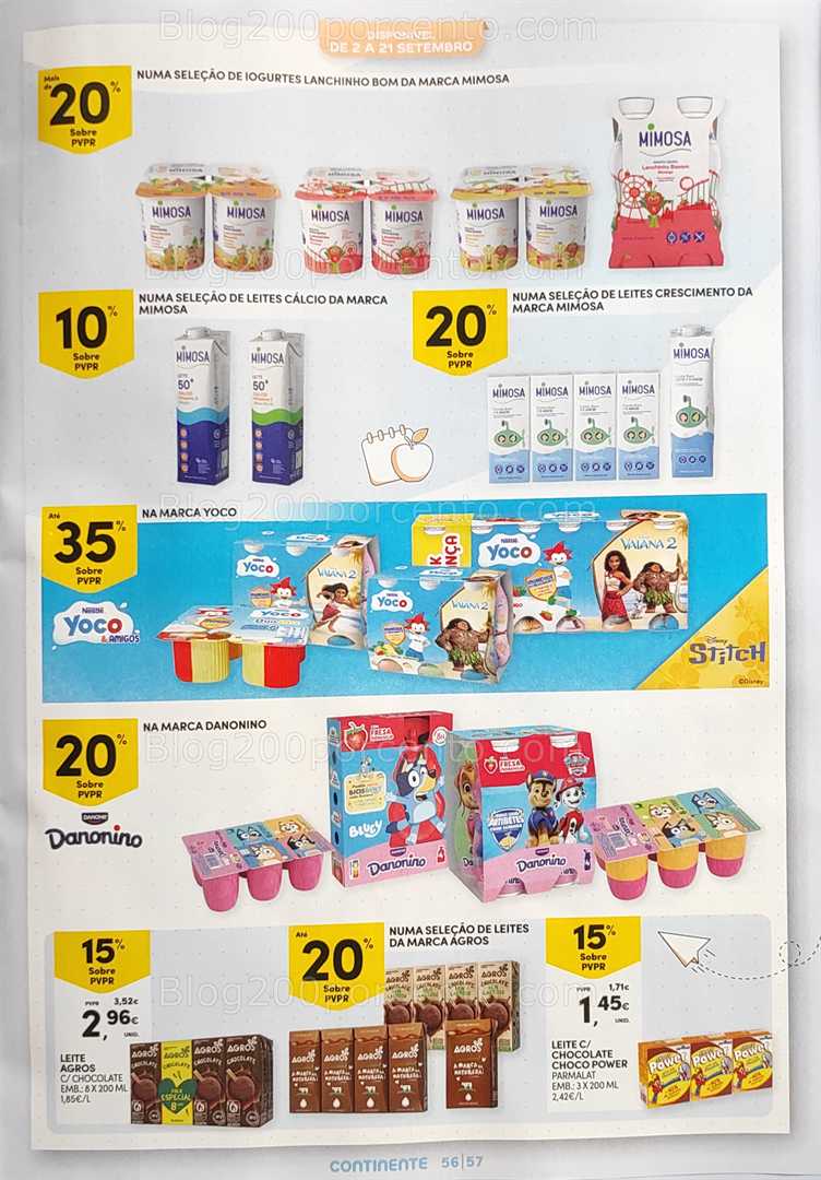 Antevisão Folheto CONTINENTE Regresso às Aulas - 12 agosto a 21 setembro, na página 57, encontra: alimentos, bebidas, laticínios, promoções, infantil