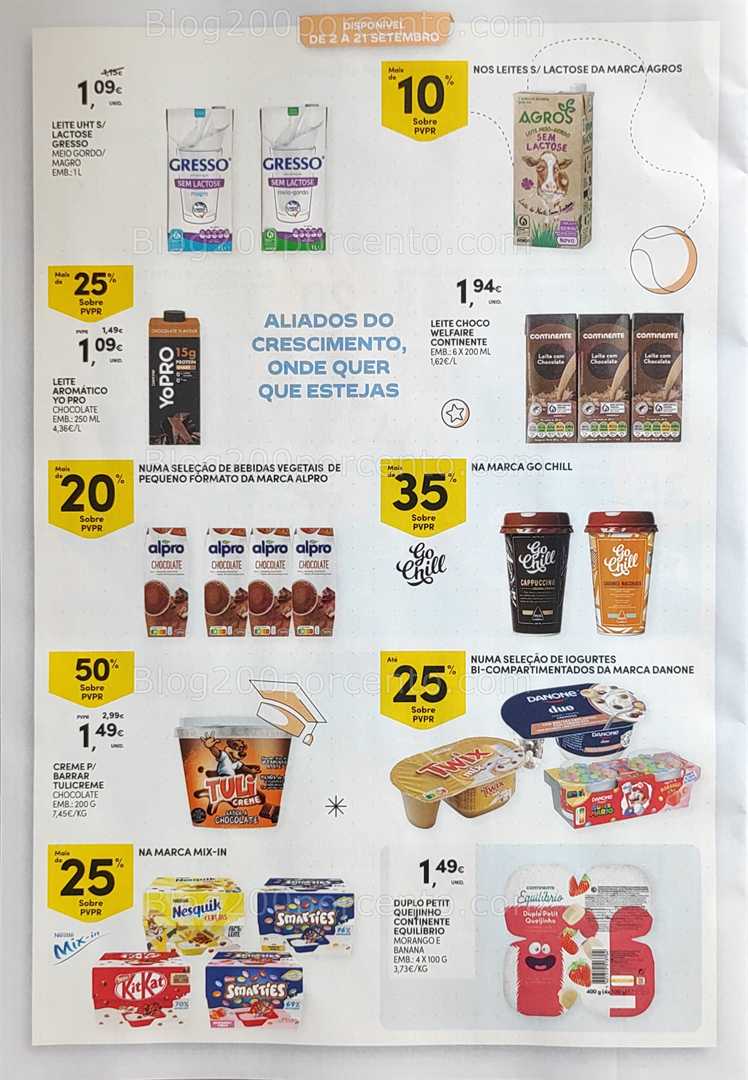 Antevisão Folheto CONTINENTE Regresso às Aulas - 12 agosto a 21 setembro, na página 58, encontra: bebidas, laticínios, iogurtes, chocolate, promoções