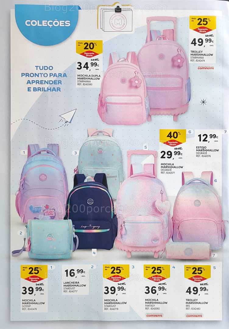 Antevisão Folheto CONTINENTE Regresso às Aulas - 12 agosto a 21 setembro, na página 6, encontra: mochilas, escola, promoções, acessórios, trolleys