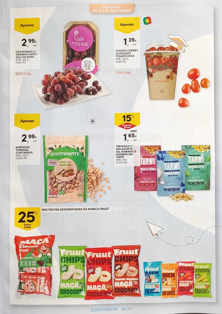 Antevisão Folheto CONTINENTE Regresso às Aulas - 12 agosto a 21 setembro, na página 61, encontra: alimentos, snacks, frutas, promoções, saudável