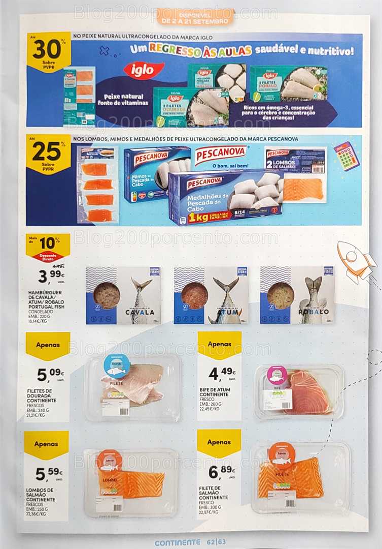 Antevisão Folheto CONTINENTE Regresso às Aulas - 12 agosto a 21 setembro, na página 63, encontra: peixe, promoções, alimentação, supermercado, frescos