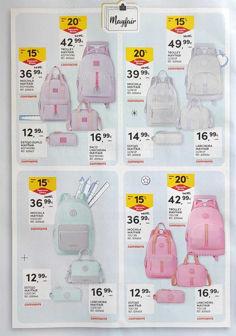 Antevisão Folheto CONTINENTE Regresso às Aulas - 12 agosto a 21 setembro, na página 8, encontra: mochilas, escritório, viagens, promoções, acessórios