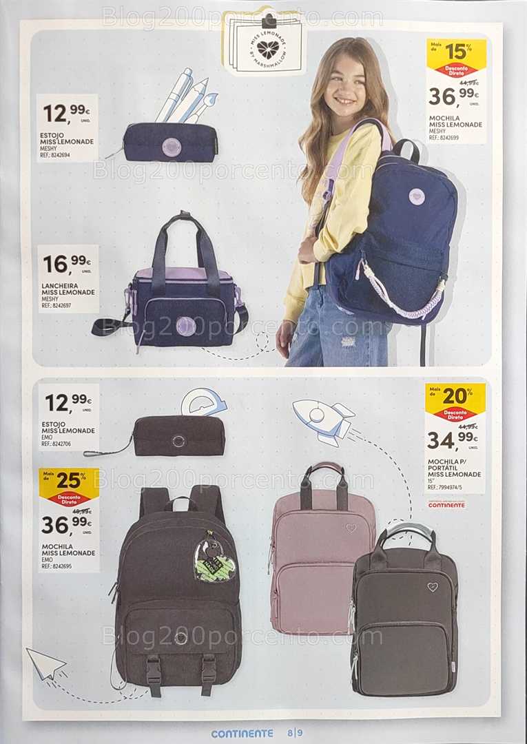 Antevisão Folheto CONTINENTE Regresso às Aulas - 12 agosto a 21 setembro, na página 9, encontra: mochilas, escritório, acessórios, promoções, escolar