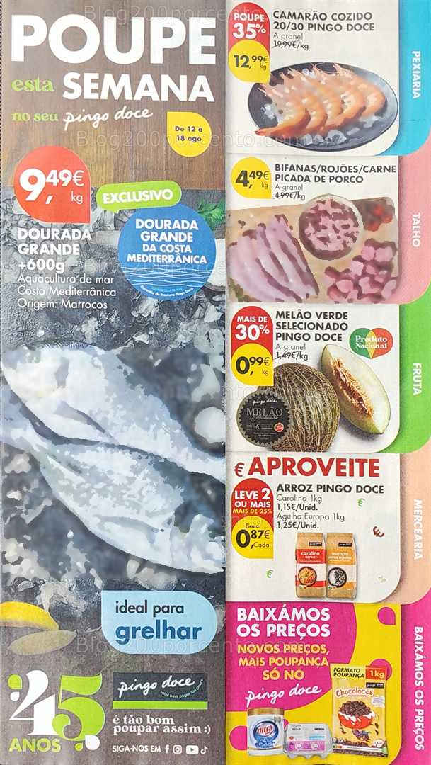 Antevisão Folheto PINGO DOCE Promoções de 12 a 18 agosto, na página 1, encontra: peixaria, talho, fruta, mercearia, promoções