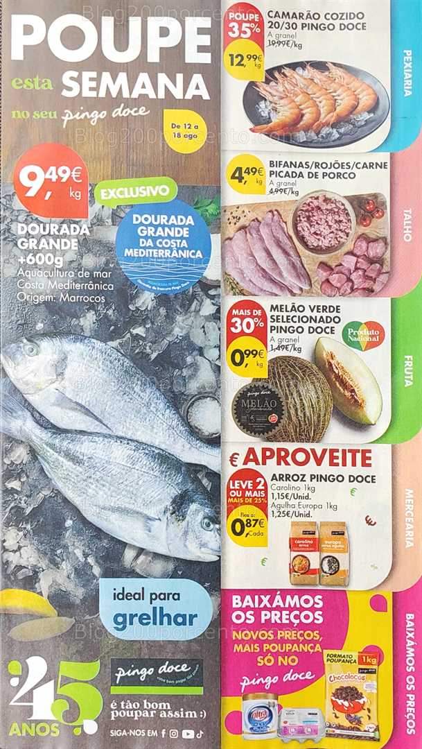 Antevisão Folheto PINGO DOCE Promoções de 12 a 18 agosto, na página 2, encontra: peixaria, talho, fruta, mercearia, promoções