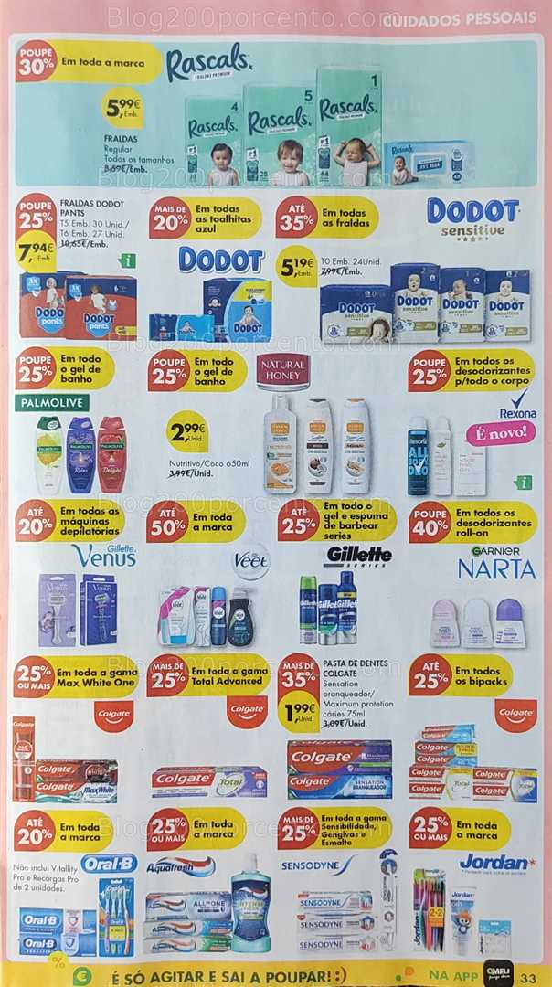 Antevisão Folheto PINGO DOCE Promoções de 12 a 18 agosto, na página 34, encontra: higiene, bebés, cuidados pessoais, saúde, beleza