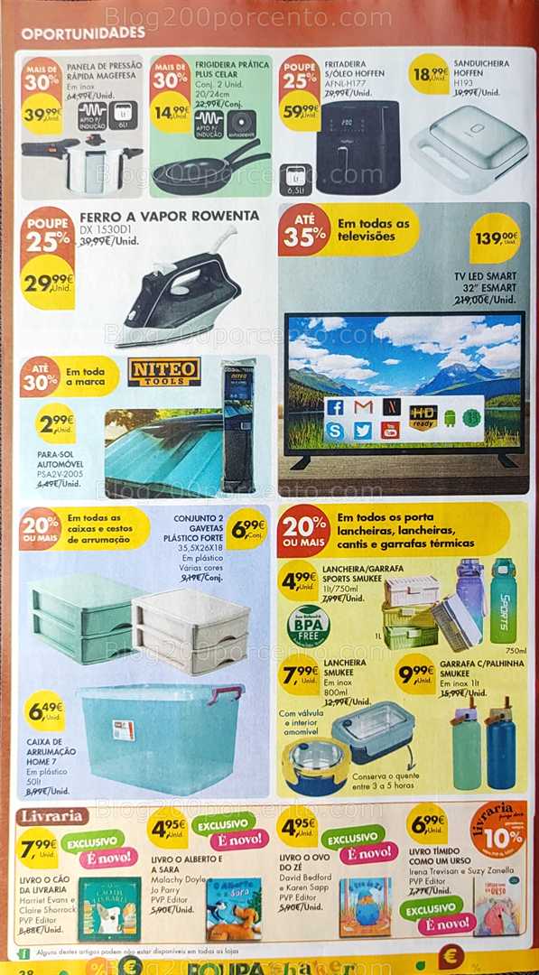 Antevisão Folheto PINGO DOCE Promoções de 12 a 18 agosto, na página 39, encontra: eletrodomésticos, organização, tecnologia, livros, cozinha