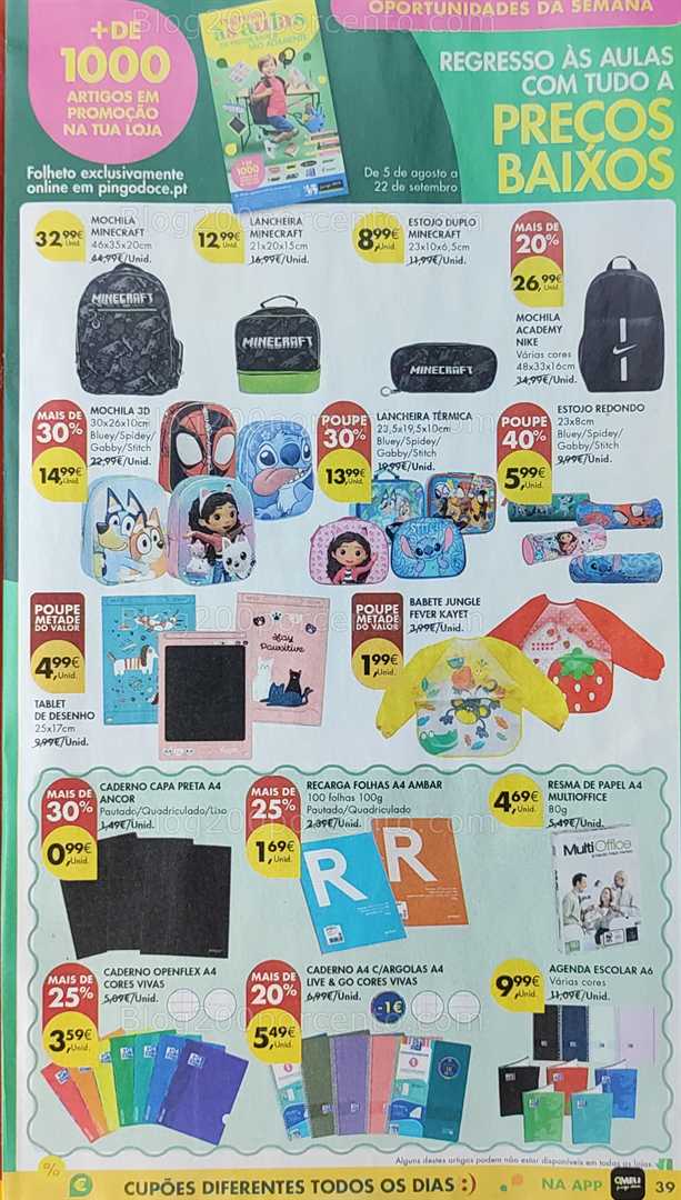 Antevisão Folheto PINGO DOCE Promoções de 12 a 18 agosto, na página 40, encontra: escolar, papelaria, mochilas, acessórios, promoções