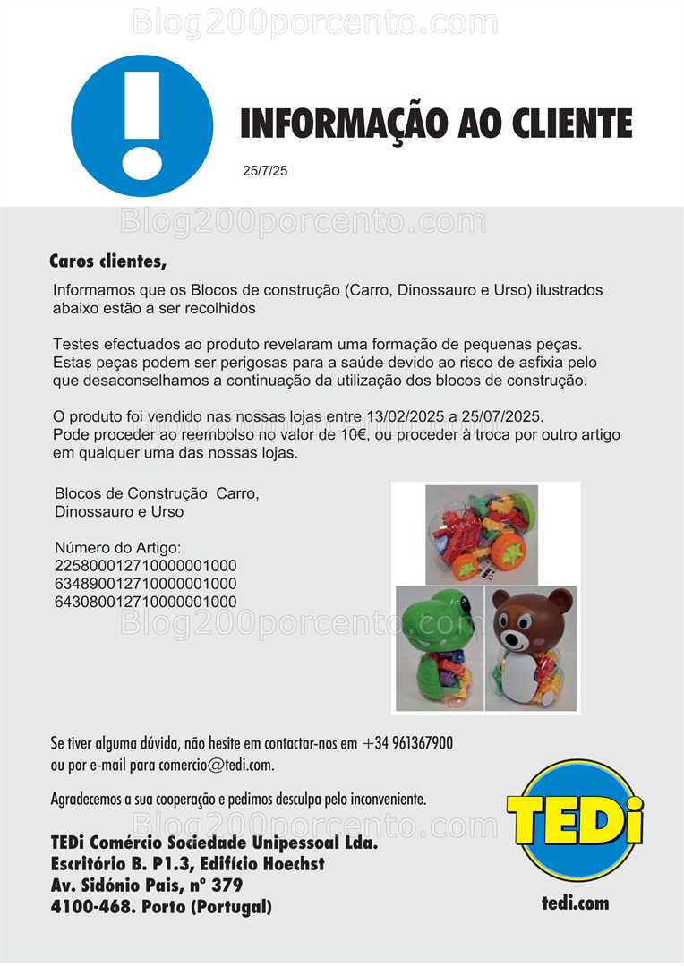 ALERTA - Recolha de Produtos TEDI são vários produtos a recolher